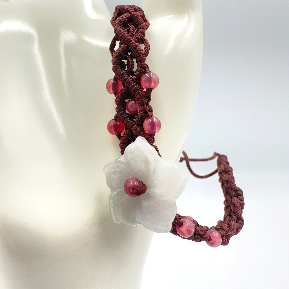 Vintage Woven Macrame Cord Bracelet Carved White Stone Flower Pink Bead Bohemian